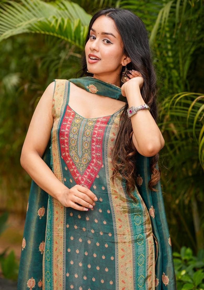 Green Abstract Print Silk Blended Kurta Set - Indya