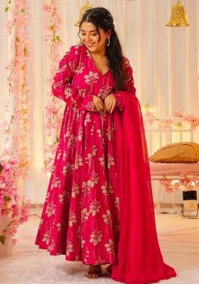 Pink Abstract Print Art Silk Kurta Set