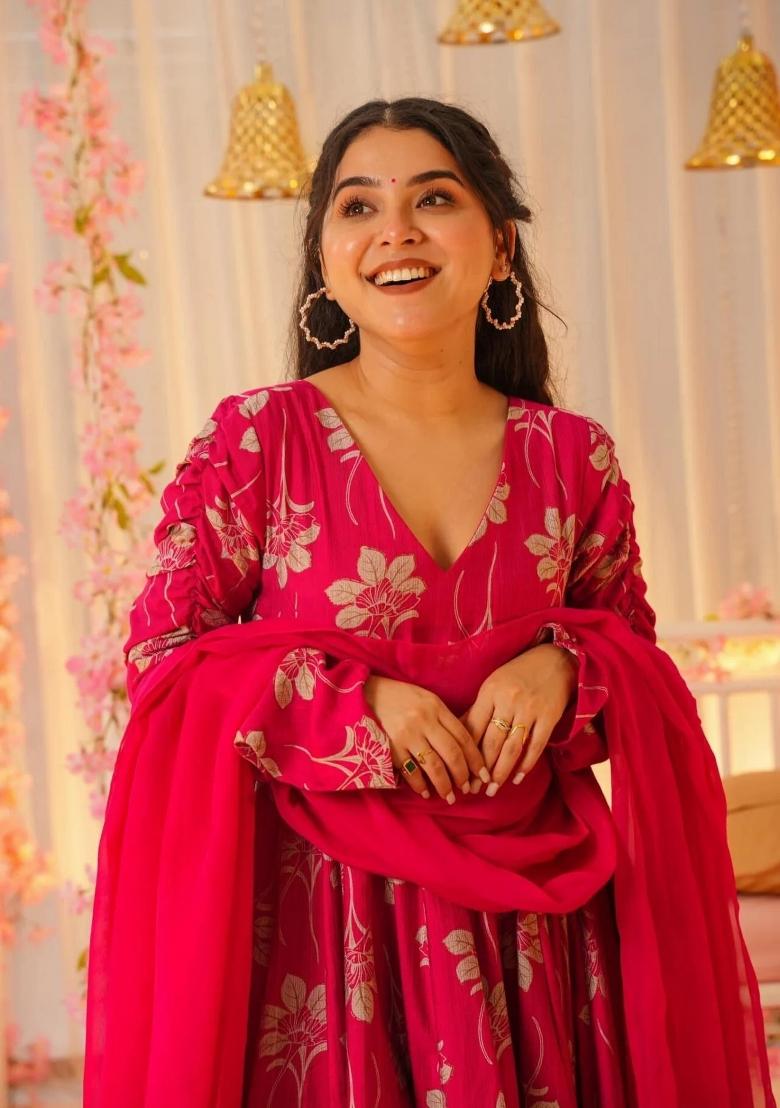 Pink Abstract Print Art Silk Kurta Set - Indya