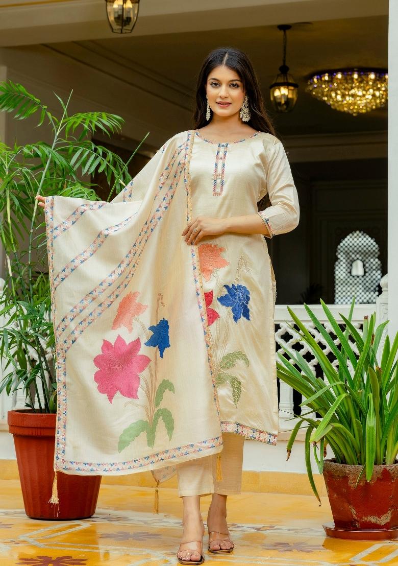 Cream Abstract Print Viscose Kurta Set - Indya