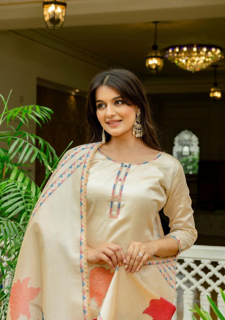 Cream Abstract Print Viscose Kurta Set - Indya