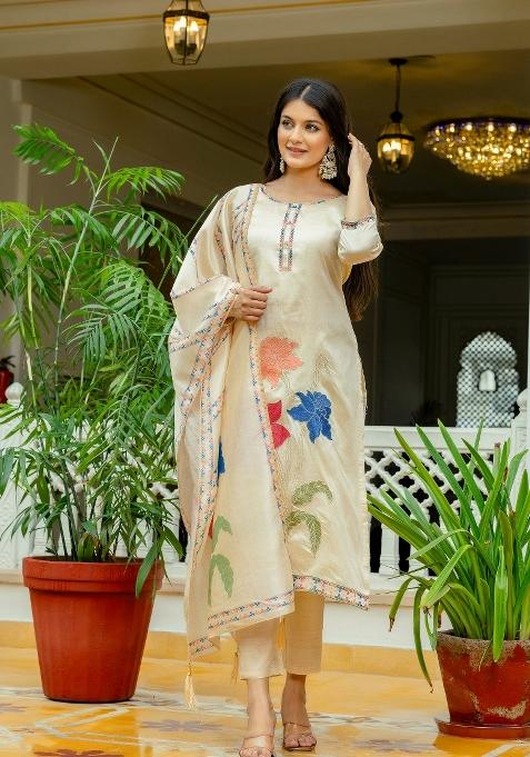 Cream Abstract Print Viscose Kurta Set