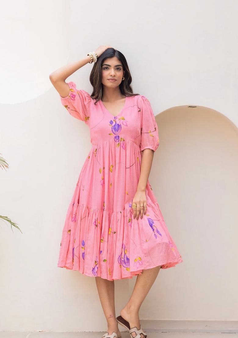 Pink Abstract Print Art Silk Kurta Set - Indya