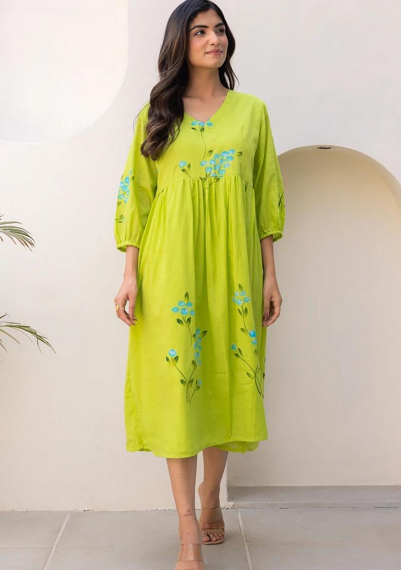 Green Abstract Print Art Silk Kurta Set - Indya