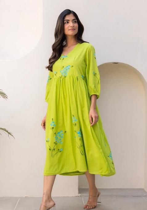 Green Abstract Print Art Silk Kurta Set