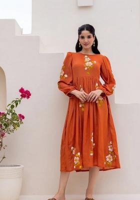 Orange Abstract Print Art Silk Kurta Set