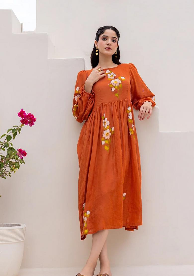 Orange Abstract Print Art Silk Kurta Set - Indya