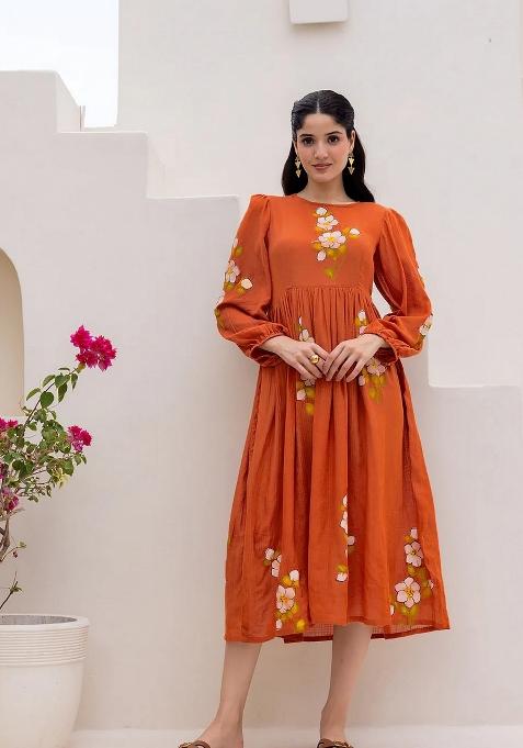 Orange Abstract Print Art Silk Kurta Set