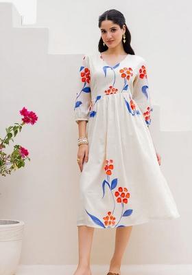 White Abstract Print Art Silk Kurta Set