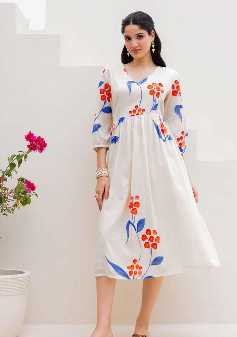 White Floral Print Silk Kurta - Indya