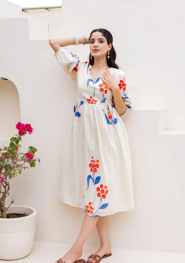 White Abstract Print Art Silk Kurta Set - Indya