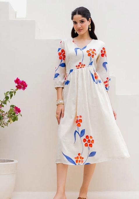 White Abstract Print Art Silk Kurta Set