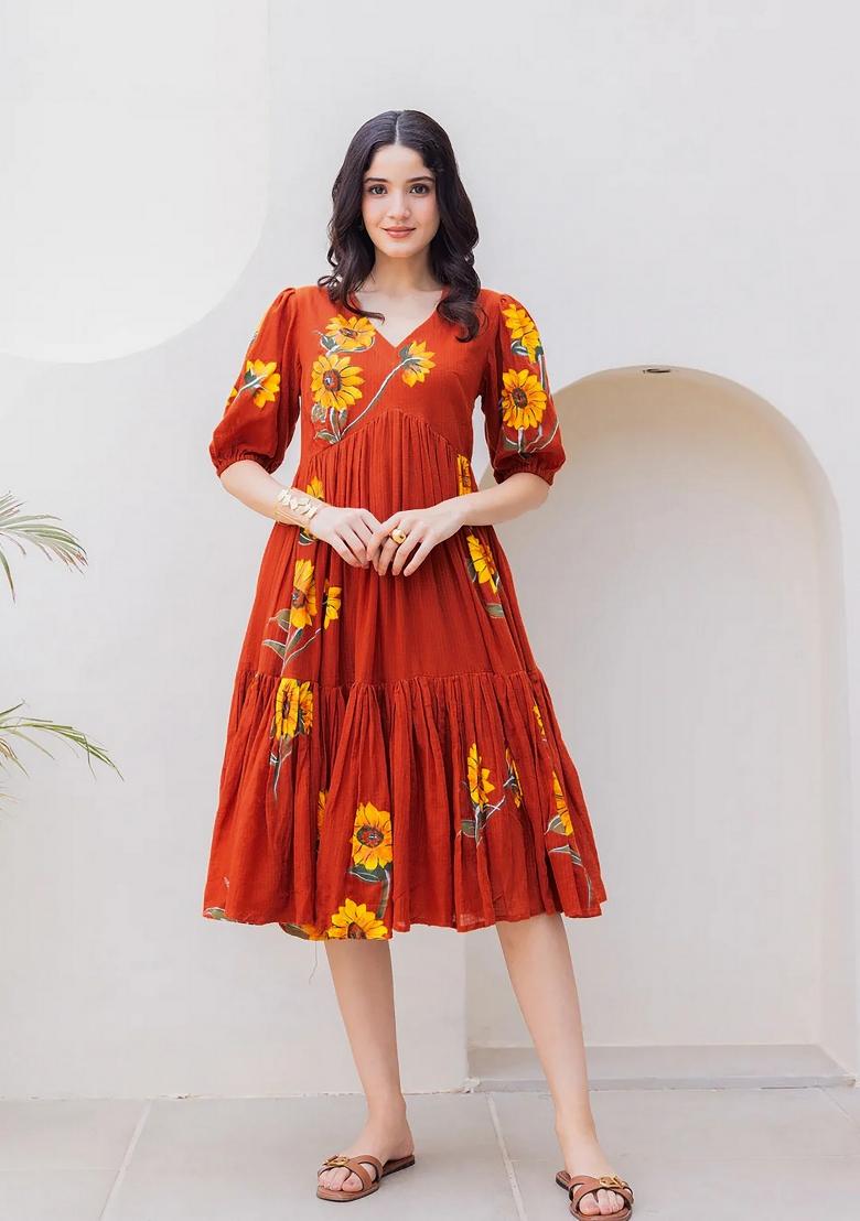 Rust Abstract Print Art Silk Kurta Set - Indya