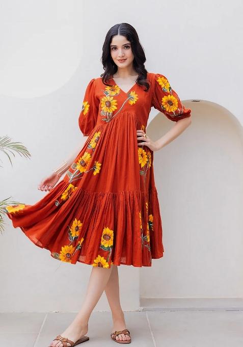 Rust Abstract Print Art Silk Kurta Set