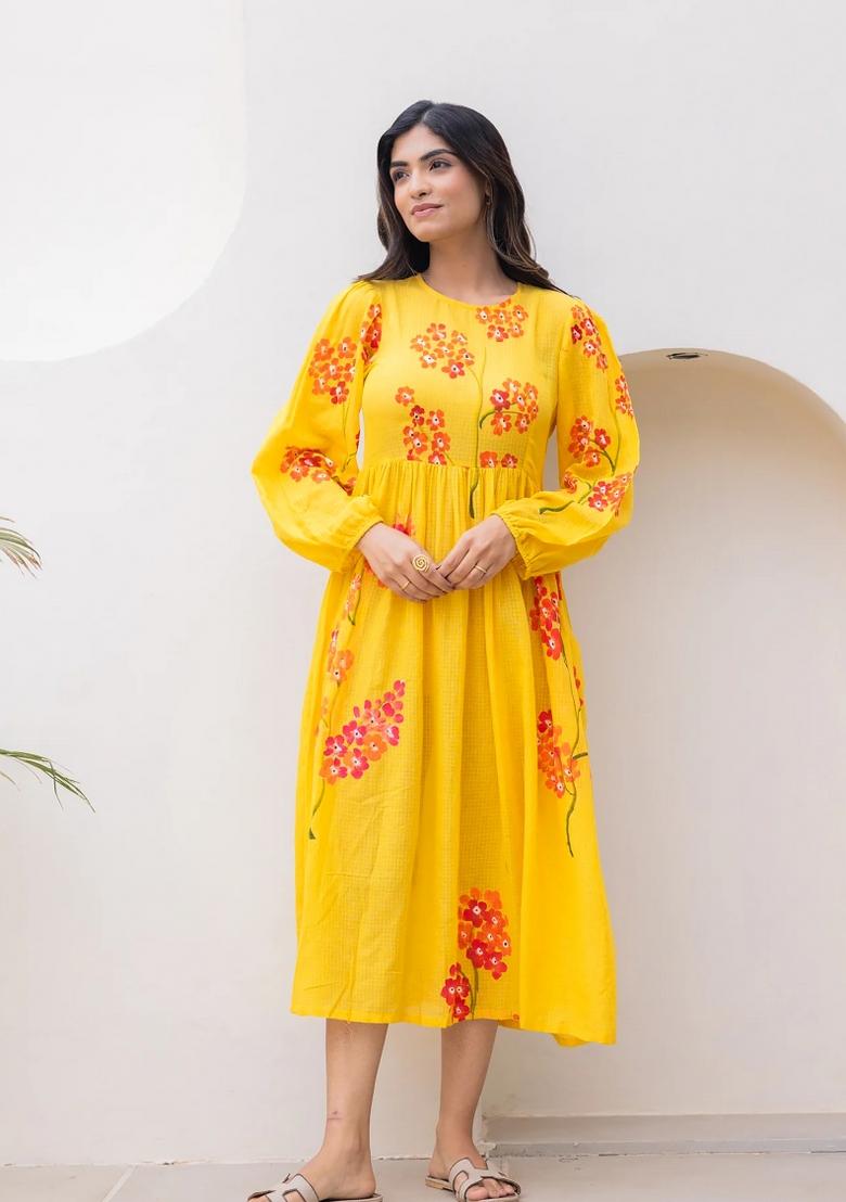 Yellow Abstract Print Art Silk Kurta Set - Indya