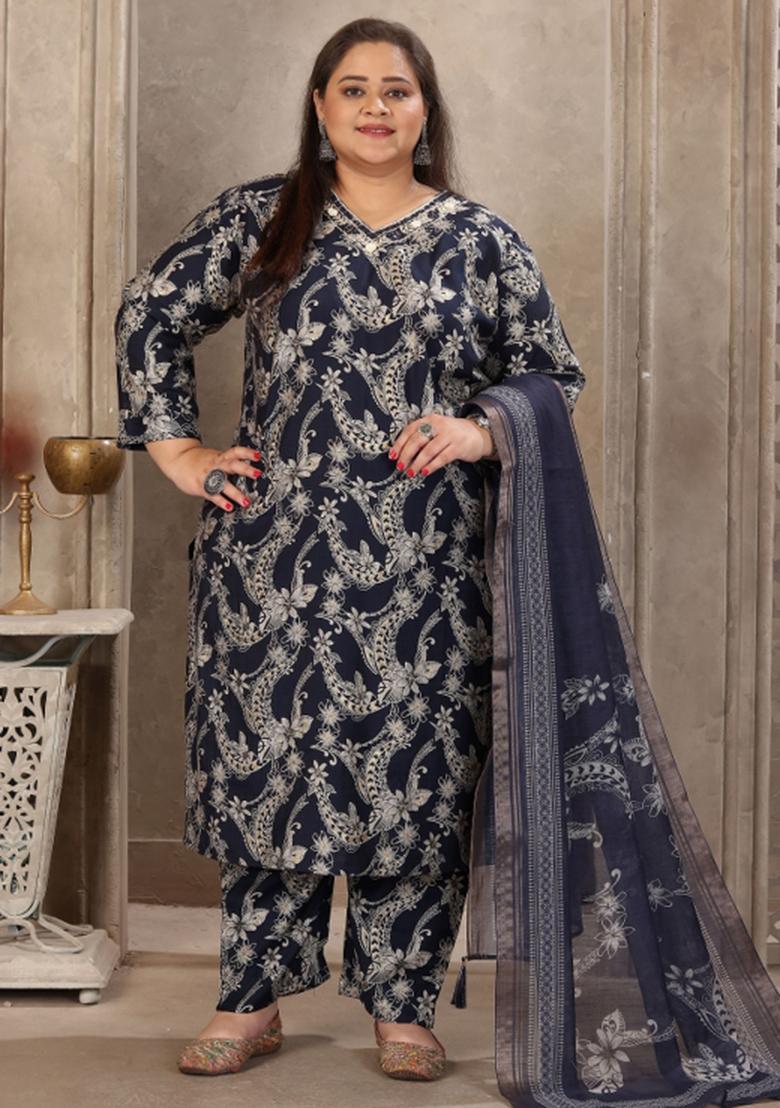 Navy Blue Abstract Print Viscose Kurta Set - Indya