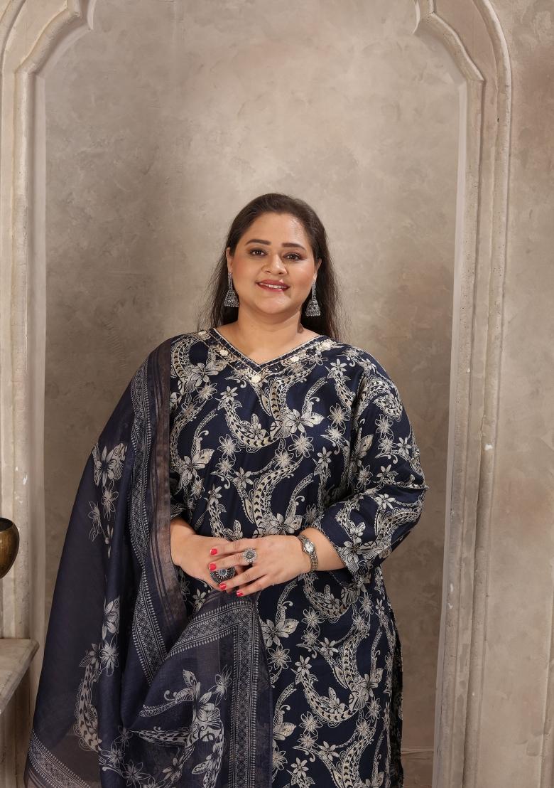 Navy Blue Abstract Print Viscose Kurta Set - Indya