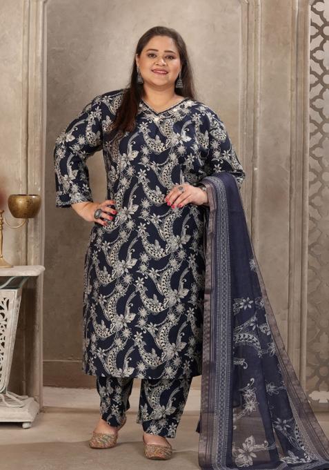 Navy Blue Abstract Print Viscose Kurta Set