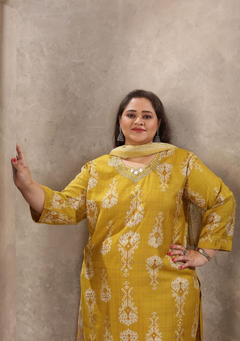 Lemon Abstract Print Viscose Kurta Set - Indya