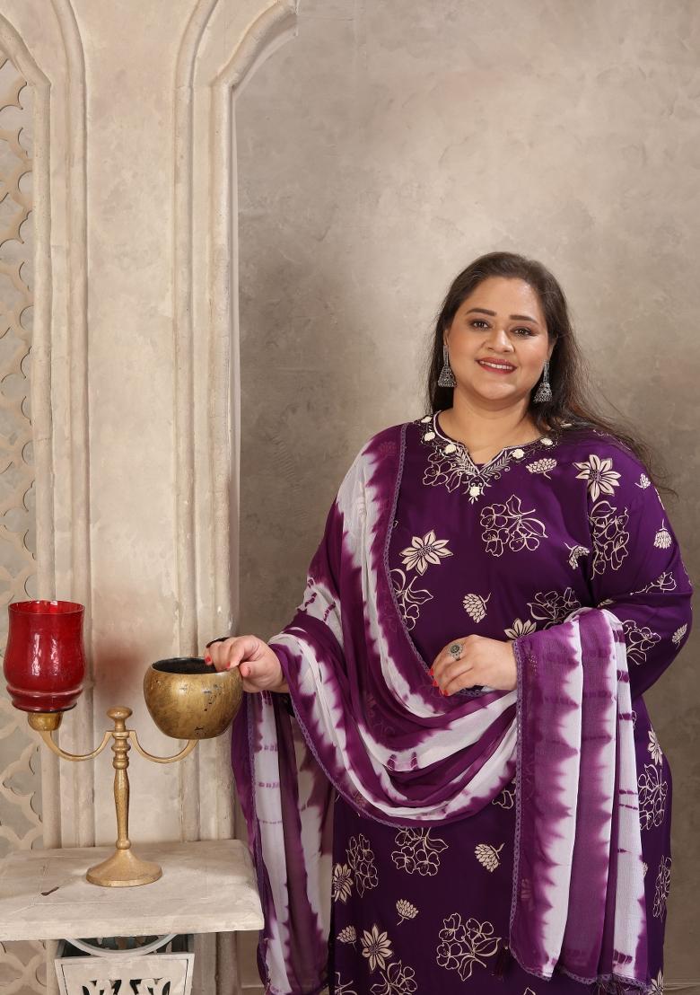 Purple Abstract Print Rayon Kurta Set - Indya