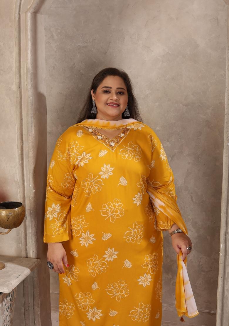 Mustard Abstract Print Rayon Kurta Set - Indya