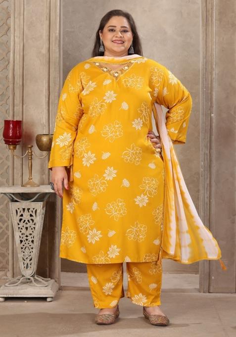 Mustard Abstract Print Rayon Kurta Set