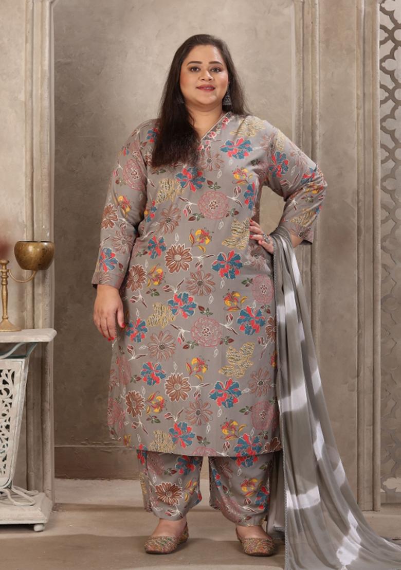Grey Abstract Print Rayon Kurta Set - Indya