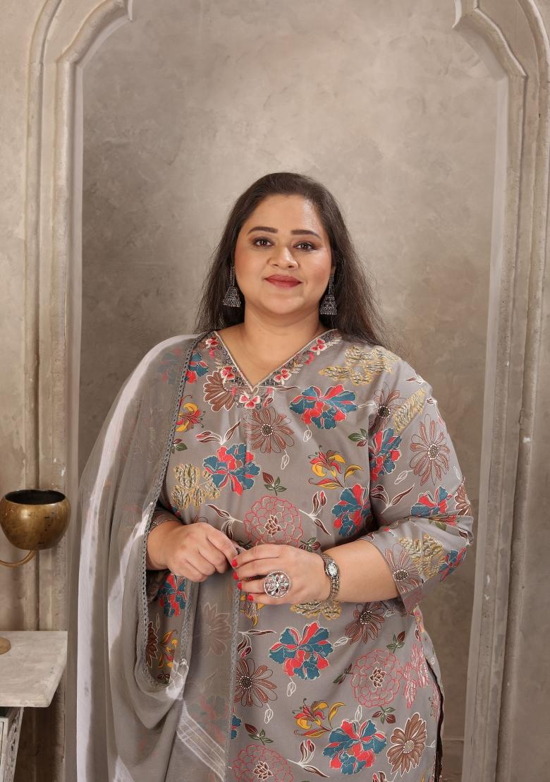 Grey Abstract Print Rayon Kurta Set - Indya