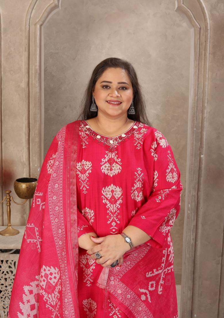 Pink Abstract Print Viscose Kurta Set - Indya