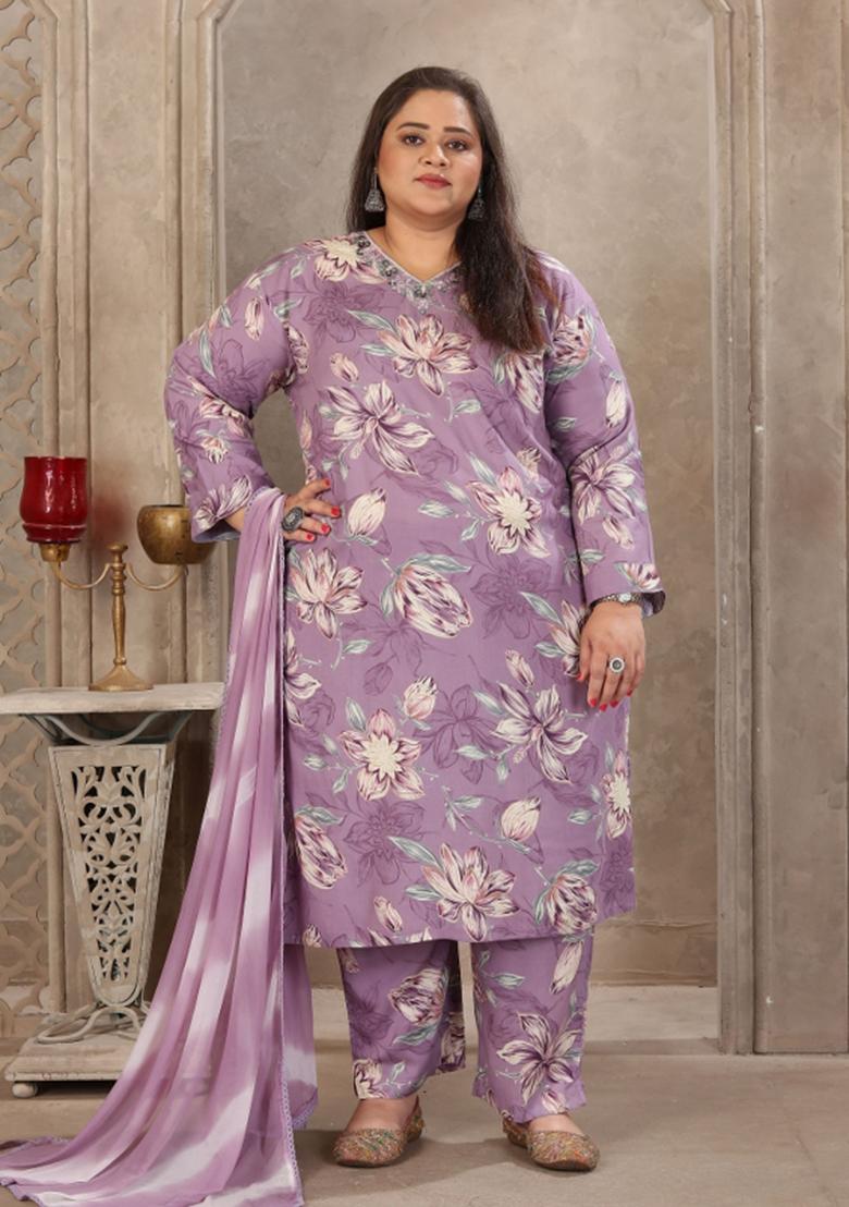 Lavender Abstract Print Rayon Kurta Set - Indya