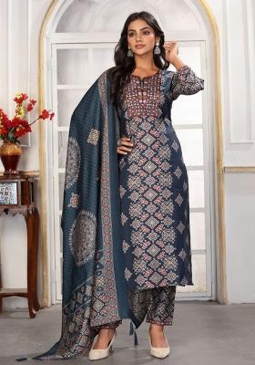 Blue Abstract Print Chanderi Kurta Set