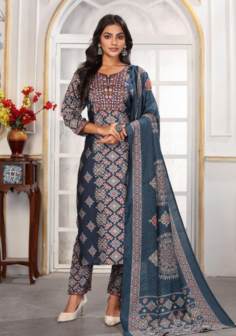 Blue Abstract Print Chanderi Kurta Set - Indya
