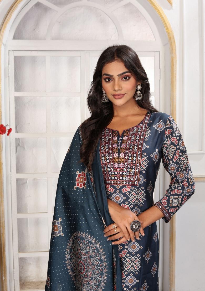 Blue Abstract Print Chanderi Kurta Set - Indya