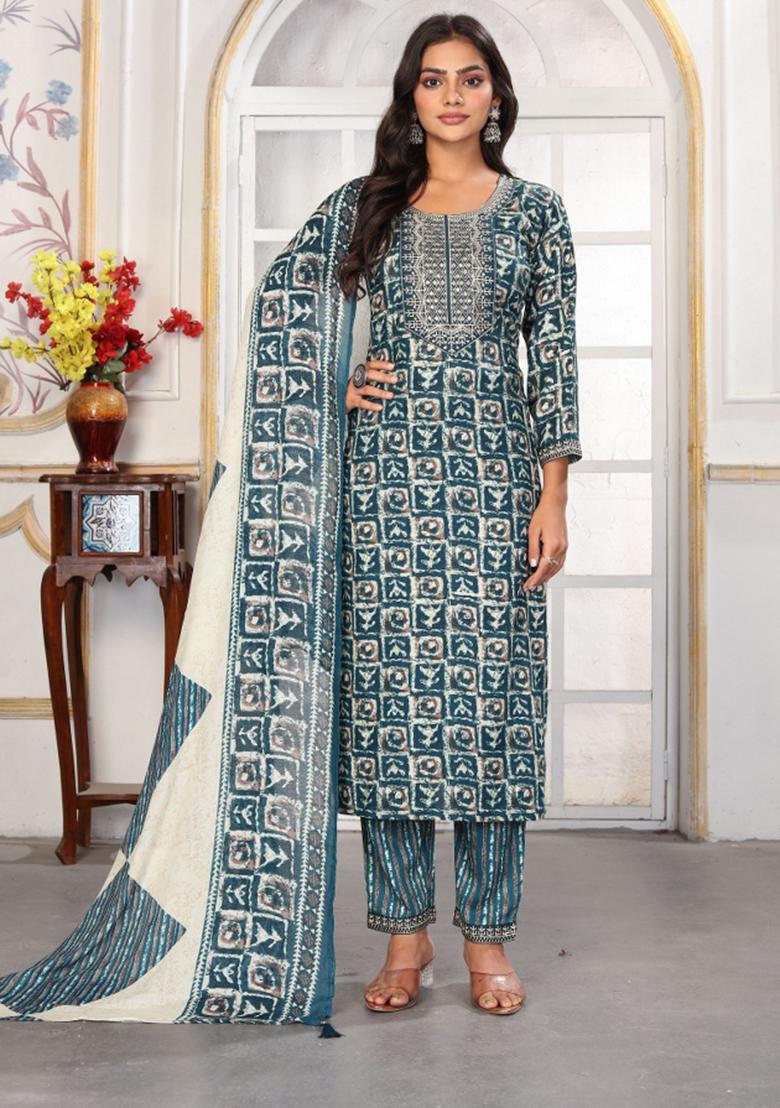 Green Abstract Print Rayon Kurta Set - Indya