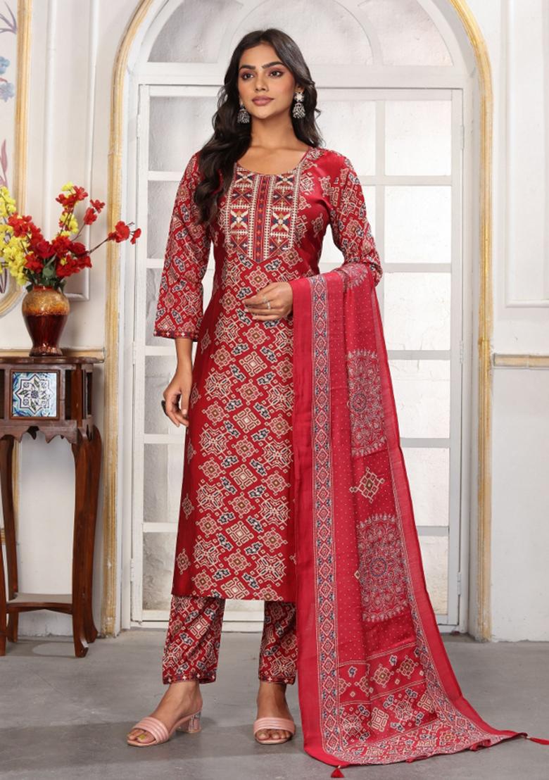 Red Abstract Print Chanderi Kurta Set - Indya