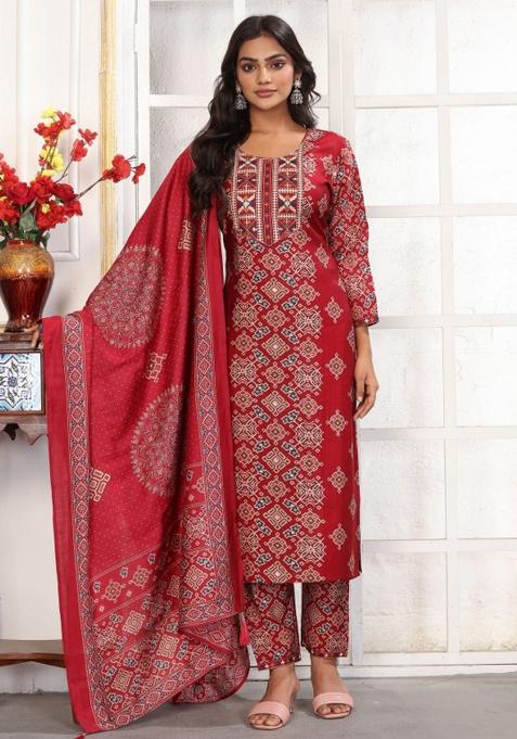 Red Abstract Print Chanderi Kurta Set