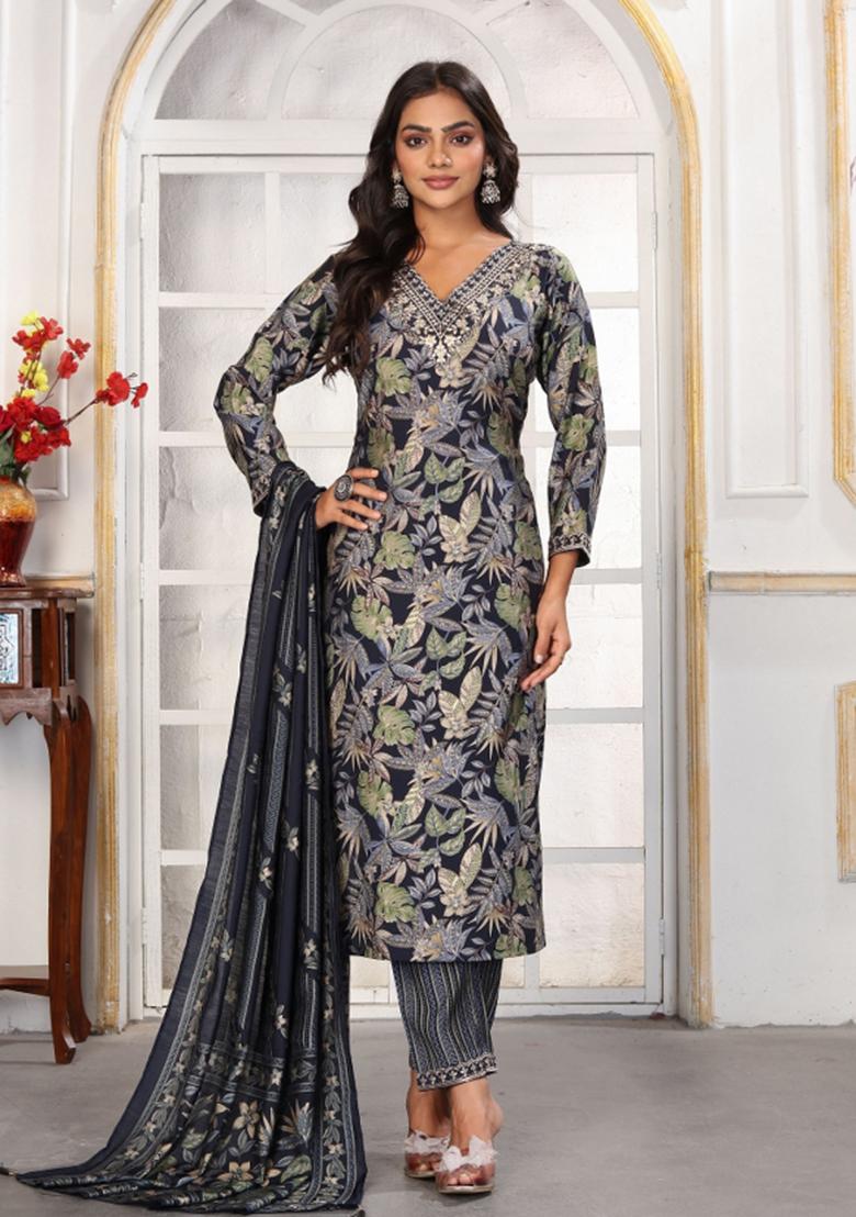 Black Abstract Print Chanderi Kurta Set - Indya