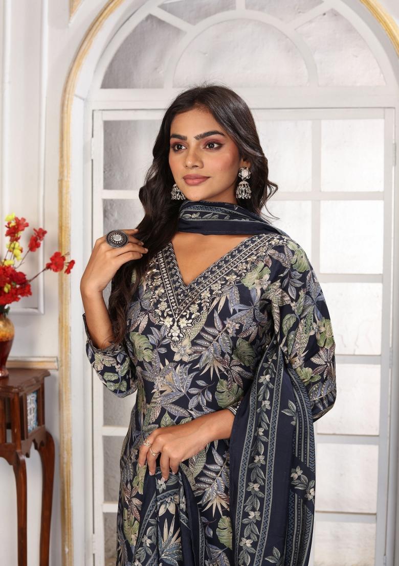 Black Abstract Print Chanderi Kurta Set - Indya