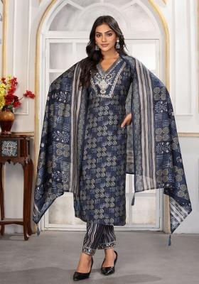 Blue Abstract Print Chanderi Kurta Set