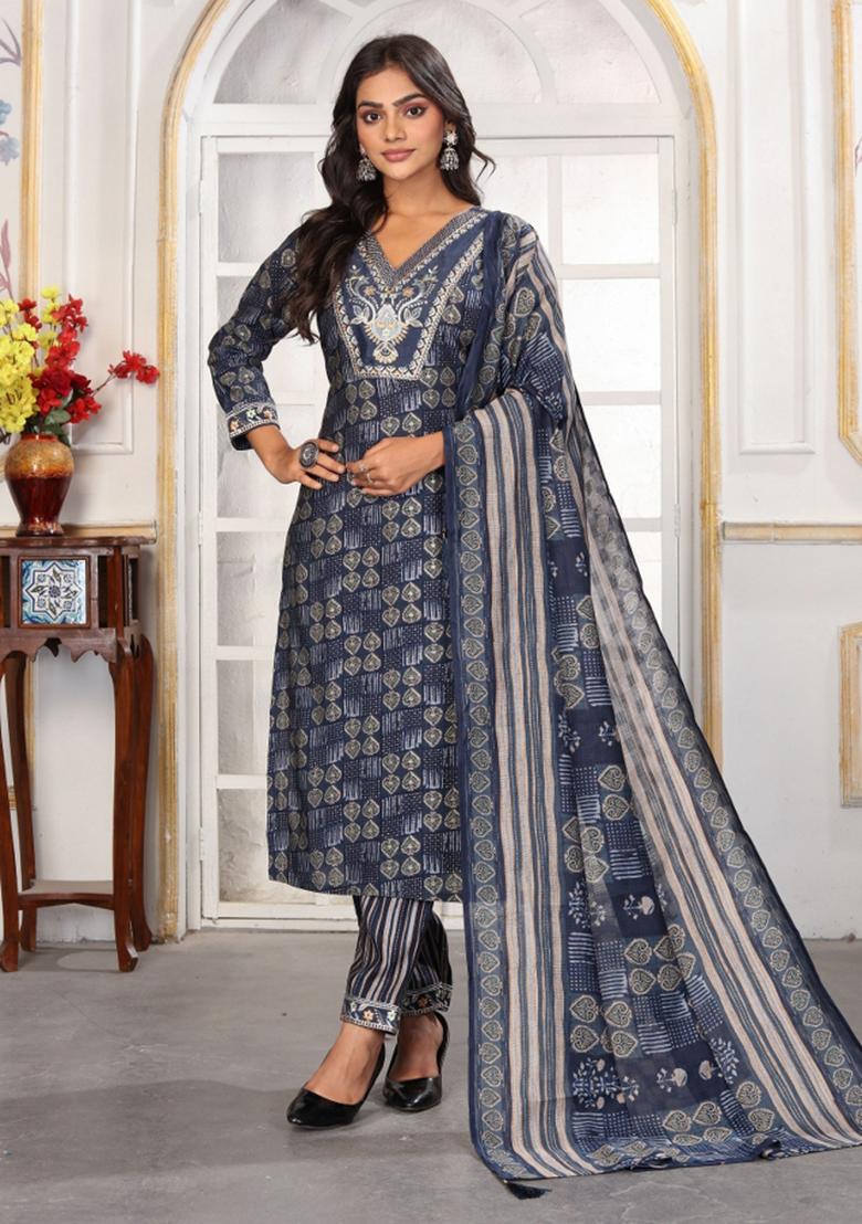 Blue Abstract Print Chanderi Kurta Set - Indya