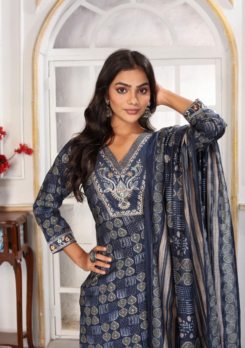 Blue Abstract Print Chanderi Kurta Set - Indya