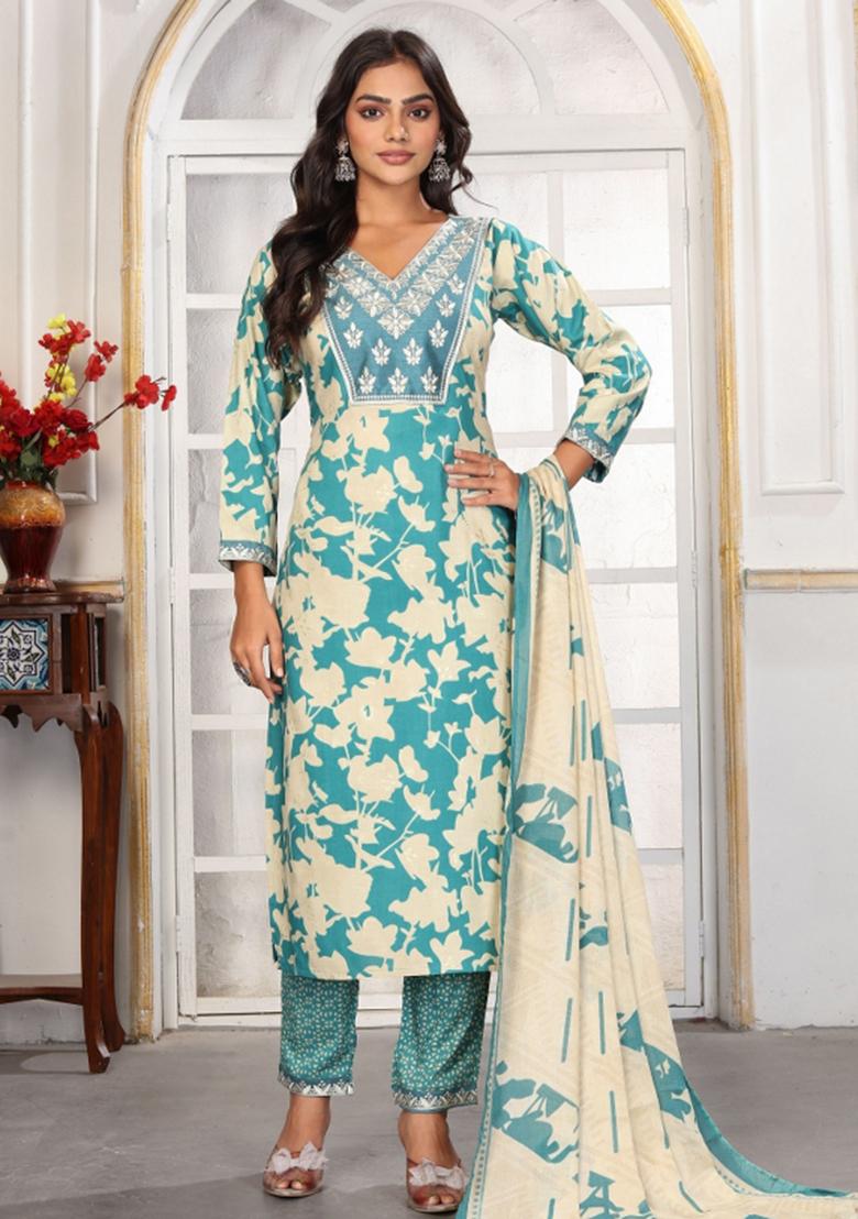 Sea Green Abstract Print Rayon Kurta Set - Indya