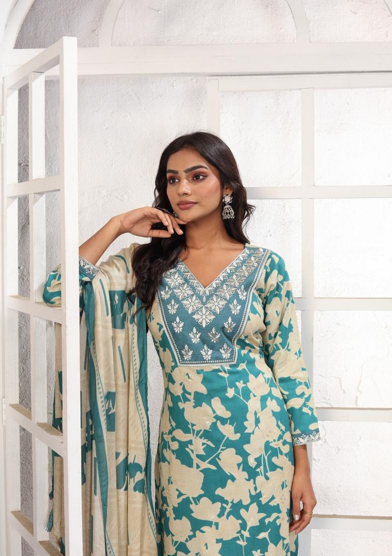 Sea Green Abstract Print Rayon Kurta Set - Indya