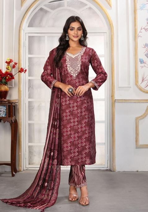 Wine Abstract Print Chanderi Kurta Set