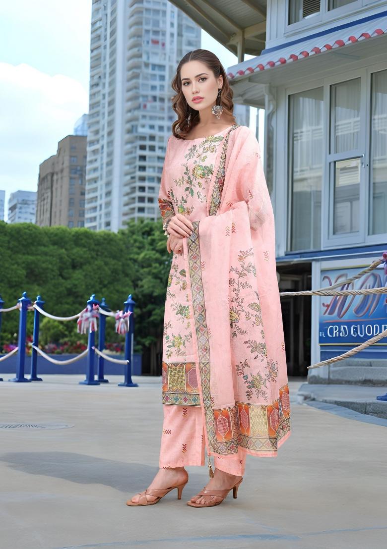 Pink Abstract Print Linen Kurta Set - Indya