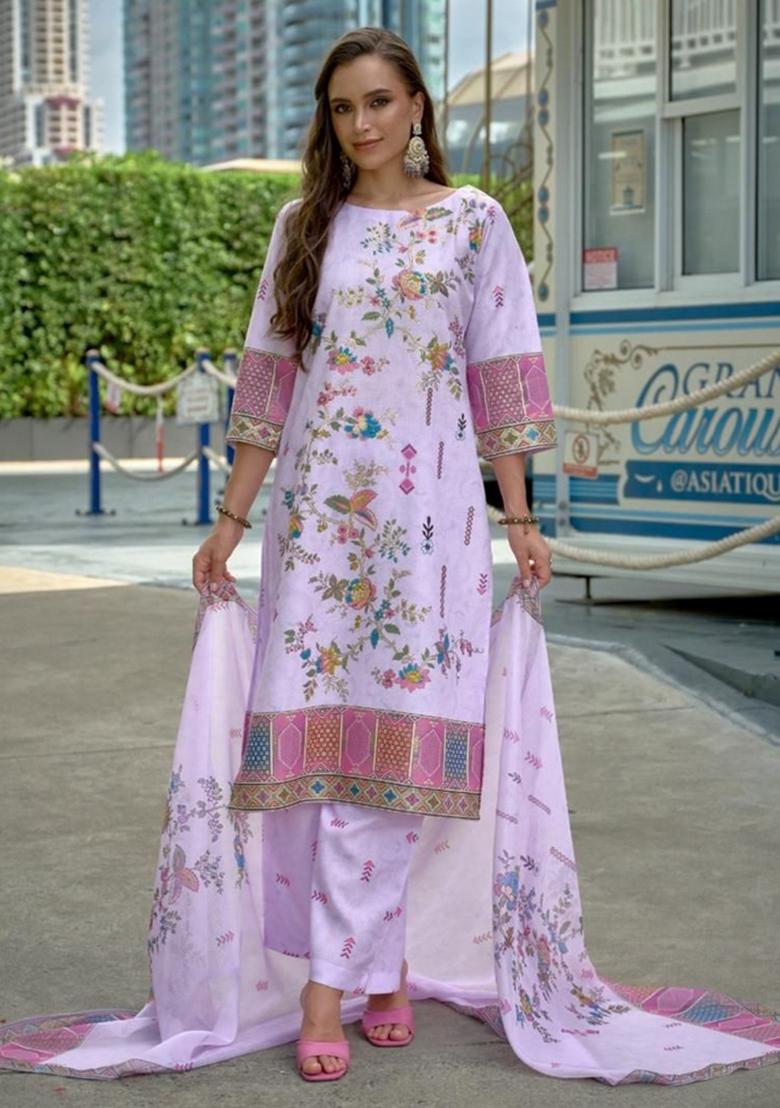 Purple Abstract Print Linen Kurta Set - Indya