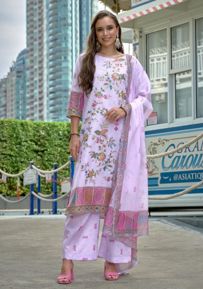 Purple Abstract Print Linen Kurta Set - Indya