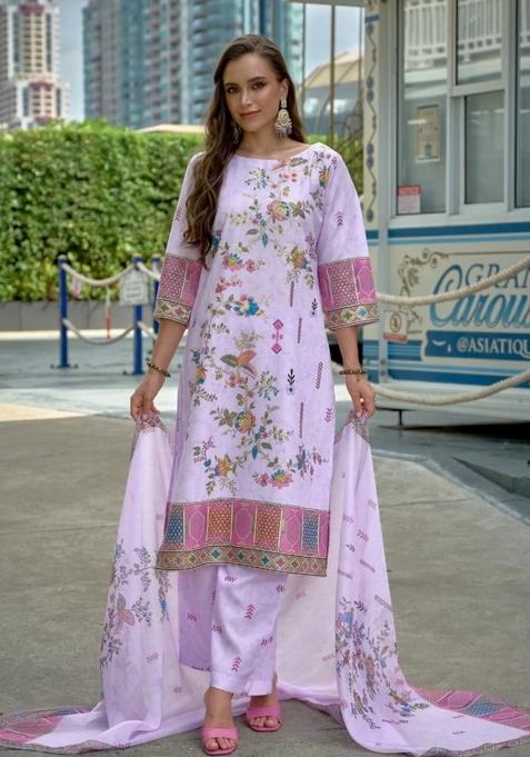 Purple Abstract Print Linen Kurta Set