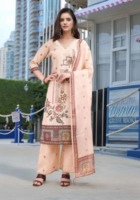 Peach Abstract Print Linen Kurta Set