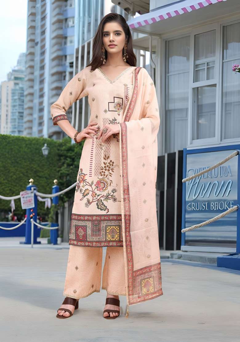 Peach Embroidered Linen Straight Kurta Set - Indya